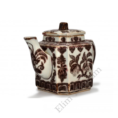 1427  An Ming underglaze red auspicious fruits teapot